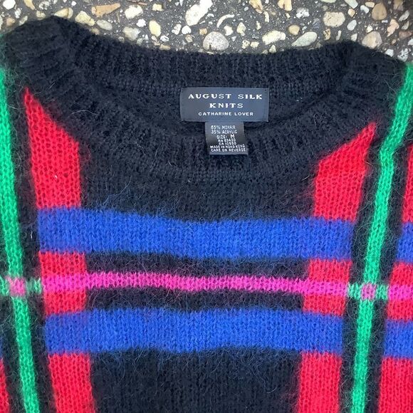 Vintage 80s 90s fuzzy mohair plaid Shorty cropped sweater sz M - Picture 2 of 5